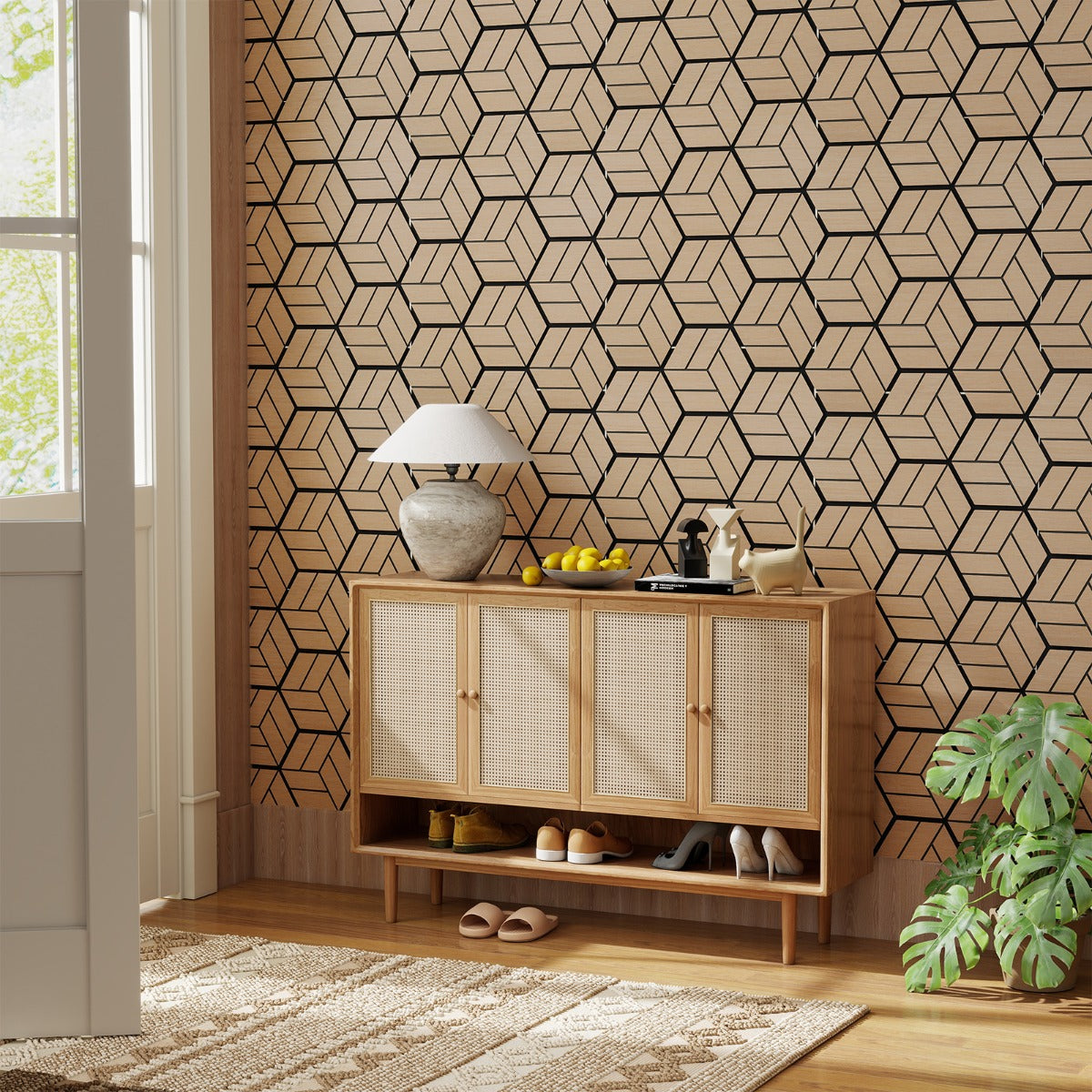 Livsk costway 4 geluidsisolerende panelen voor muren 81 x 66 centimeter met 9 zeshoekige houten planken 2
