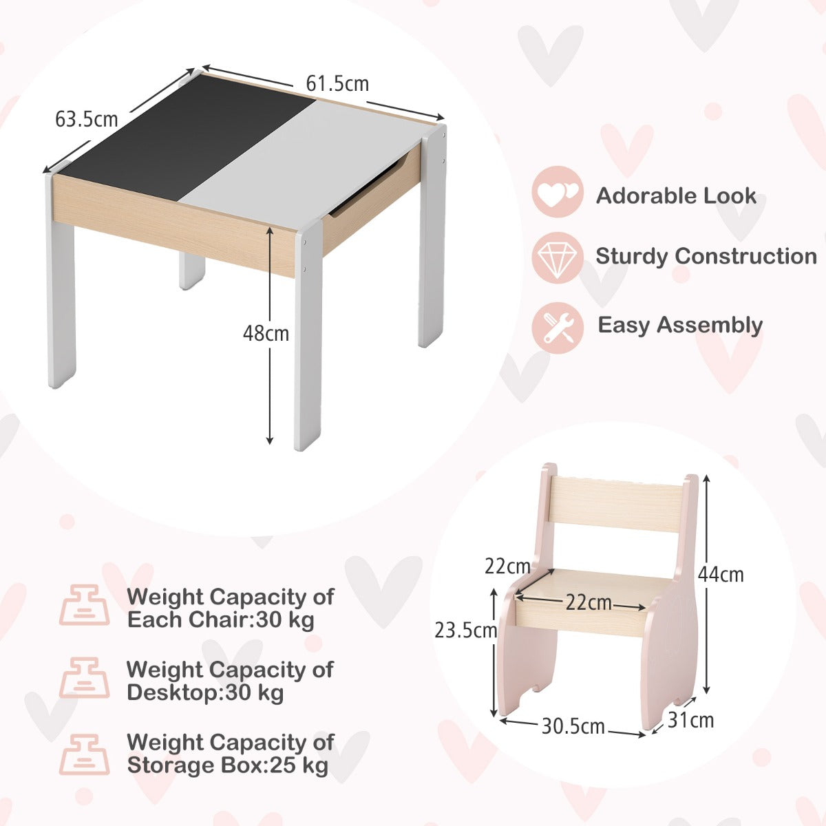 LIVSK 4-in-1 Speeltafel en Stoelset - Transformeerbaar - Ergonomische Stoelen - Ruime Opbergruimte - Voor Kinderen 3-6 Jaar - Roze