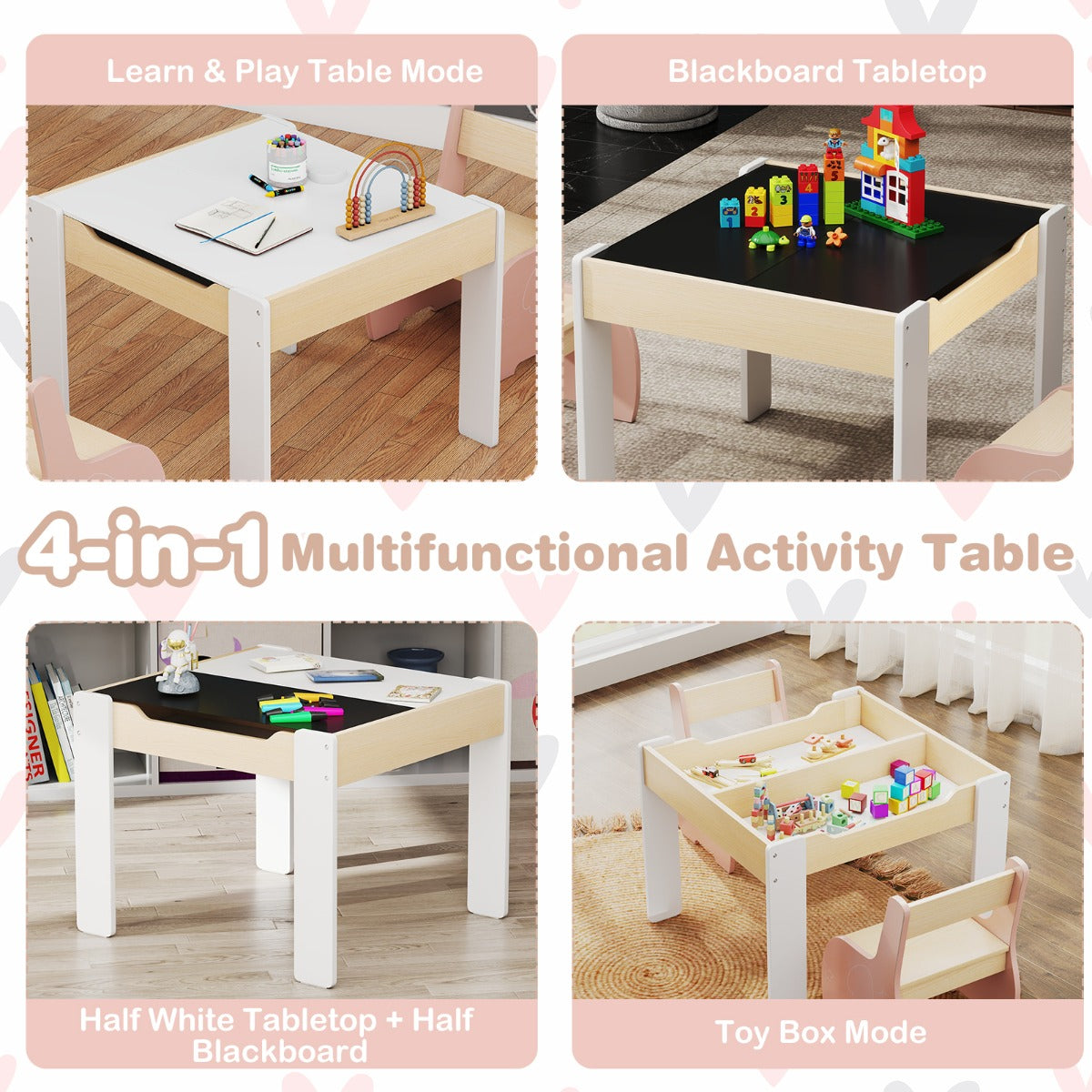 LIVSK 4-in-1 Speeltafel en Stoelset - Transformeerbaar - Ergonomische Stoelen - Ruime Opbergruimte - Voor Kinderen 3-6 Jaar - Roze