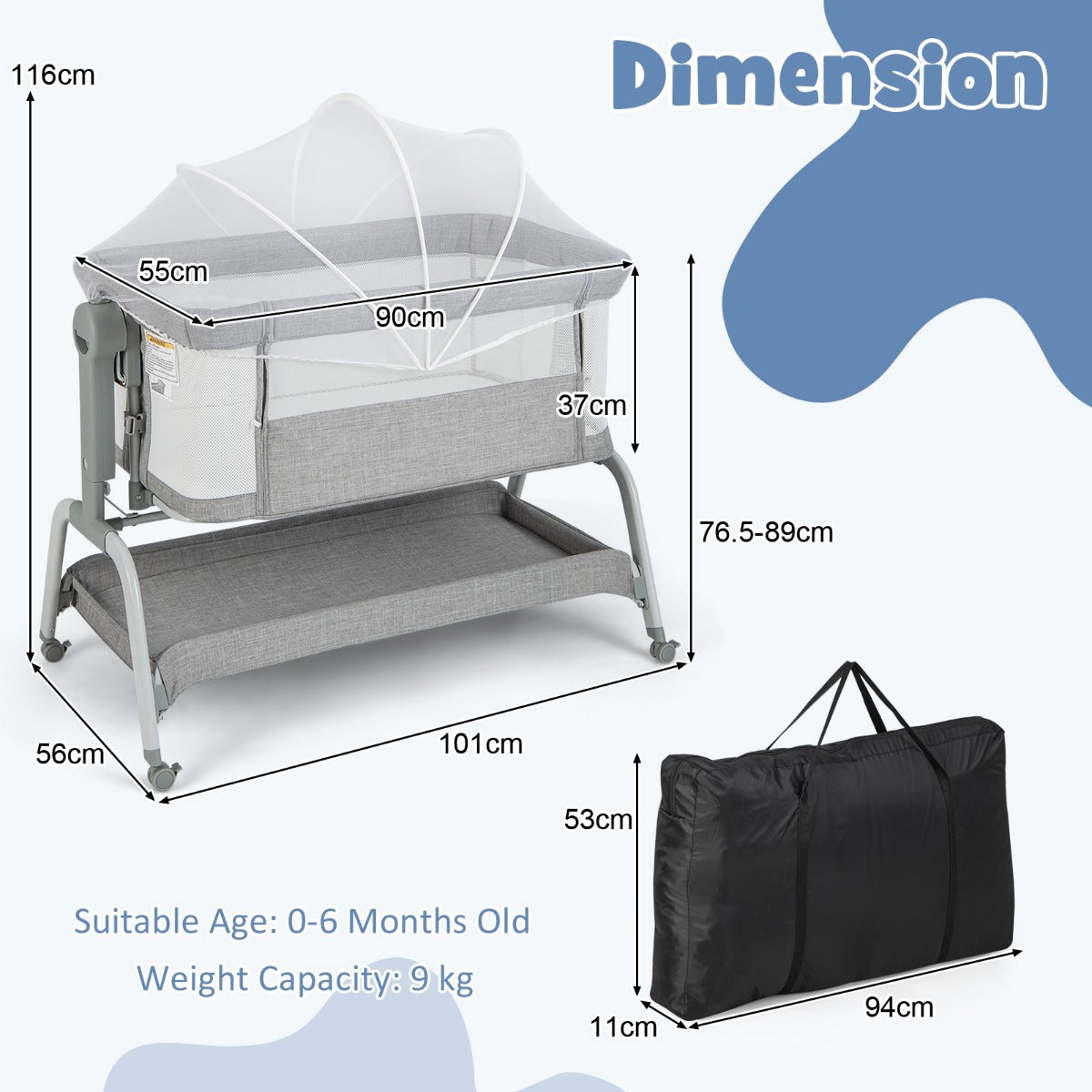 LIVSK Co-sleeper Wieg - 4-in-1 Ontwerp - Verstelbare Hoogte - Schommelfunctie - Draagvermogen tot 9 kg - Grijs