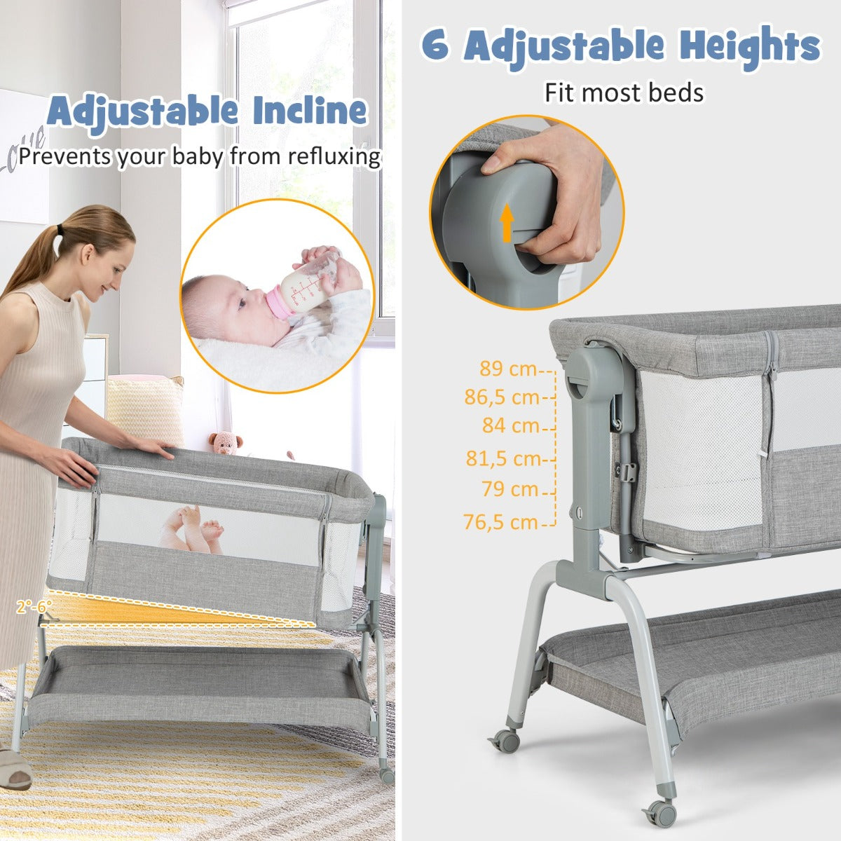 LIVSK Co-sleeper Wieg - 4-in-1 Ontwerp - Verstelbare Hoogte - Schommelfunctie - Draagvermogen tot 9 kg - Grijs