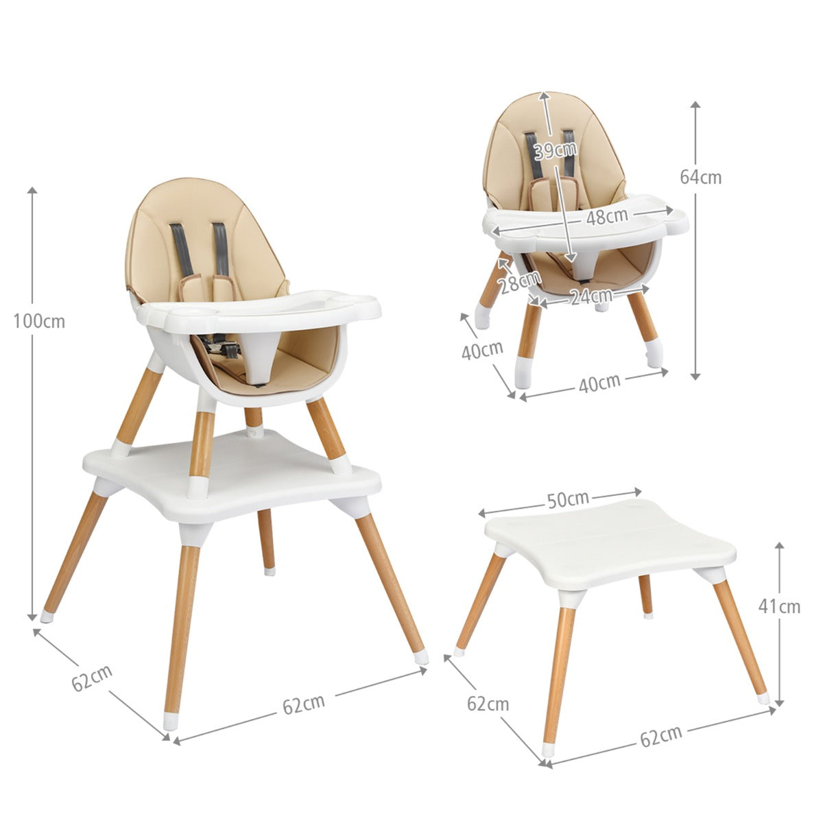 LIVSK 4-in-1 Baby Kinderstoel - Verstelbaar Dienblad - Veiligheidsgordel - Milieuvriendelijk - Voor 6 maanden - Kaki + Wit