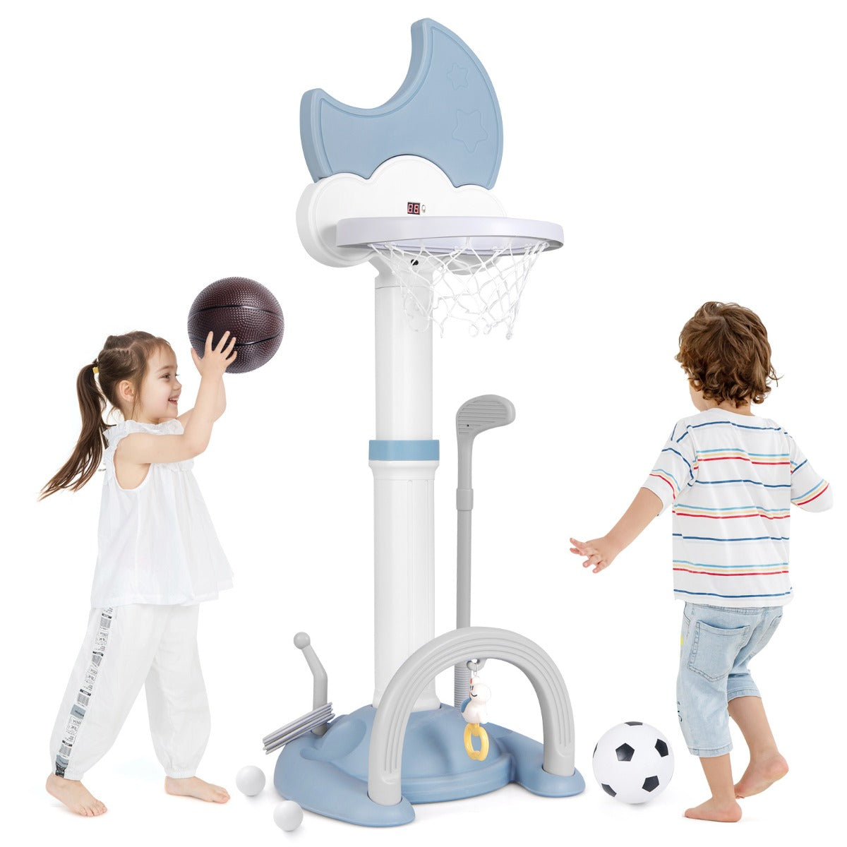 LIVSK 4-in-1 Sportactiviteitencentrum - Verstelbare Basketbalring - Voetbal, Golf, Hoepelwerpen - Voor Kinderen - Wit en Blauw