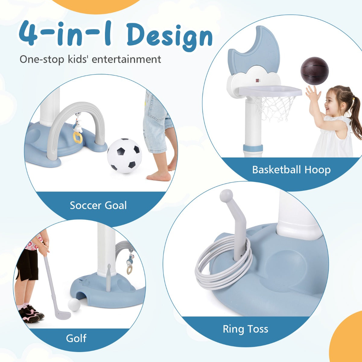 LIVSK 4-in-1 Sportactiviteitencentrum - Verstelbare Basketbalring - Voetbal, Golf, Hoepelwerpen - Voor Kinderen - Wit en Blauw