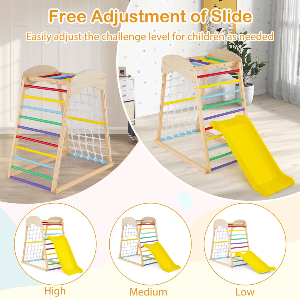 LIVSK 4-in-1 Houten Speeltoestel - Klimrek, Glijbaan, Klimrots - Verstelbare Leuning - Veilig en Stabiel - Natuurlijk