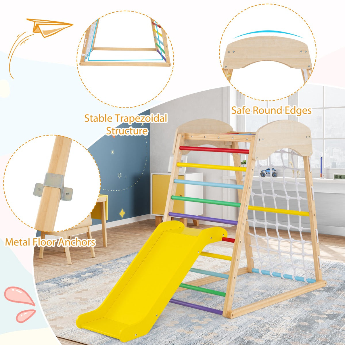 LIVSK 4-in-1 Houten Speeltoestel - Klimrek, Glijbaan, Klimrots - Verstelbare Leuning - Veilig en Stabiel - Natuurlijk