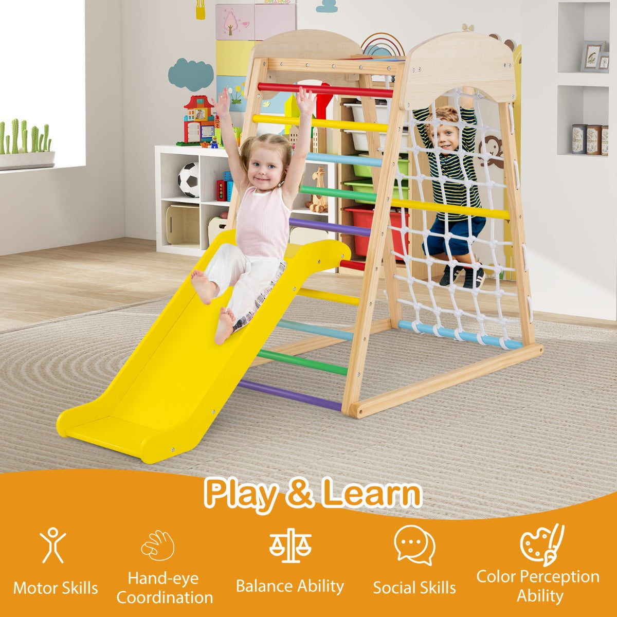 LIVSK 4-in-1 Houten Speeltoestel - Klimrek, Glijbaan, Klimrots - Verstelbare Leuning - Veilig en Stabiel - Natuurlijk