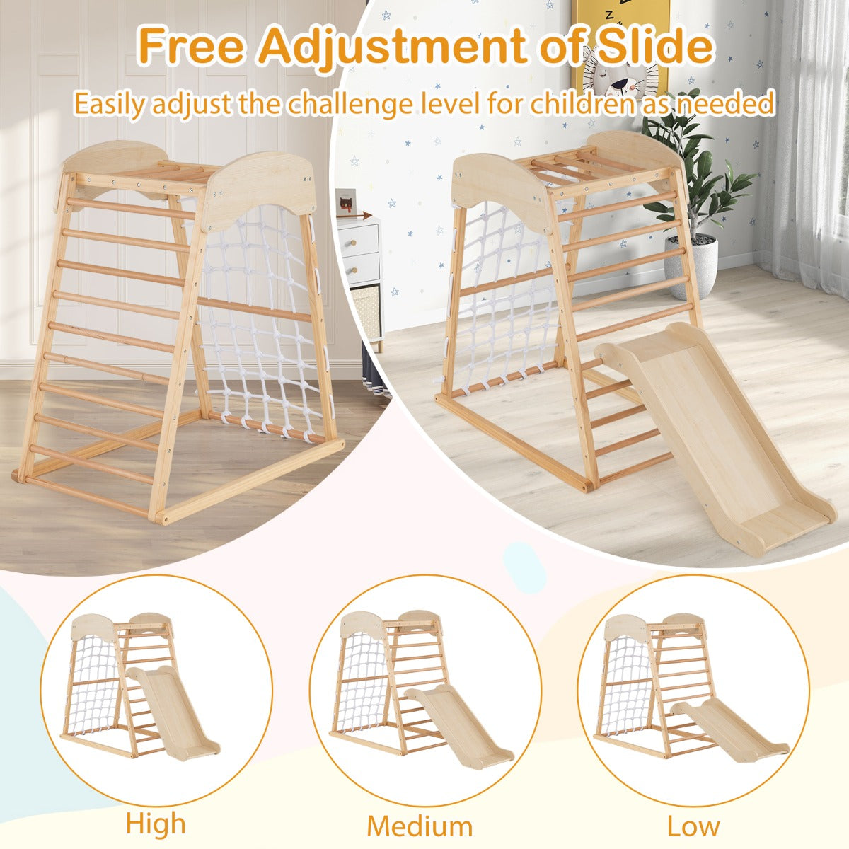 LIVSK 4-in-1 Houten Speeltoestel - Klimrek, Glijbaan, Klimrots, Verstelbare Leuning - Educatief Montessori - 105 x 67 x 113 cm -