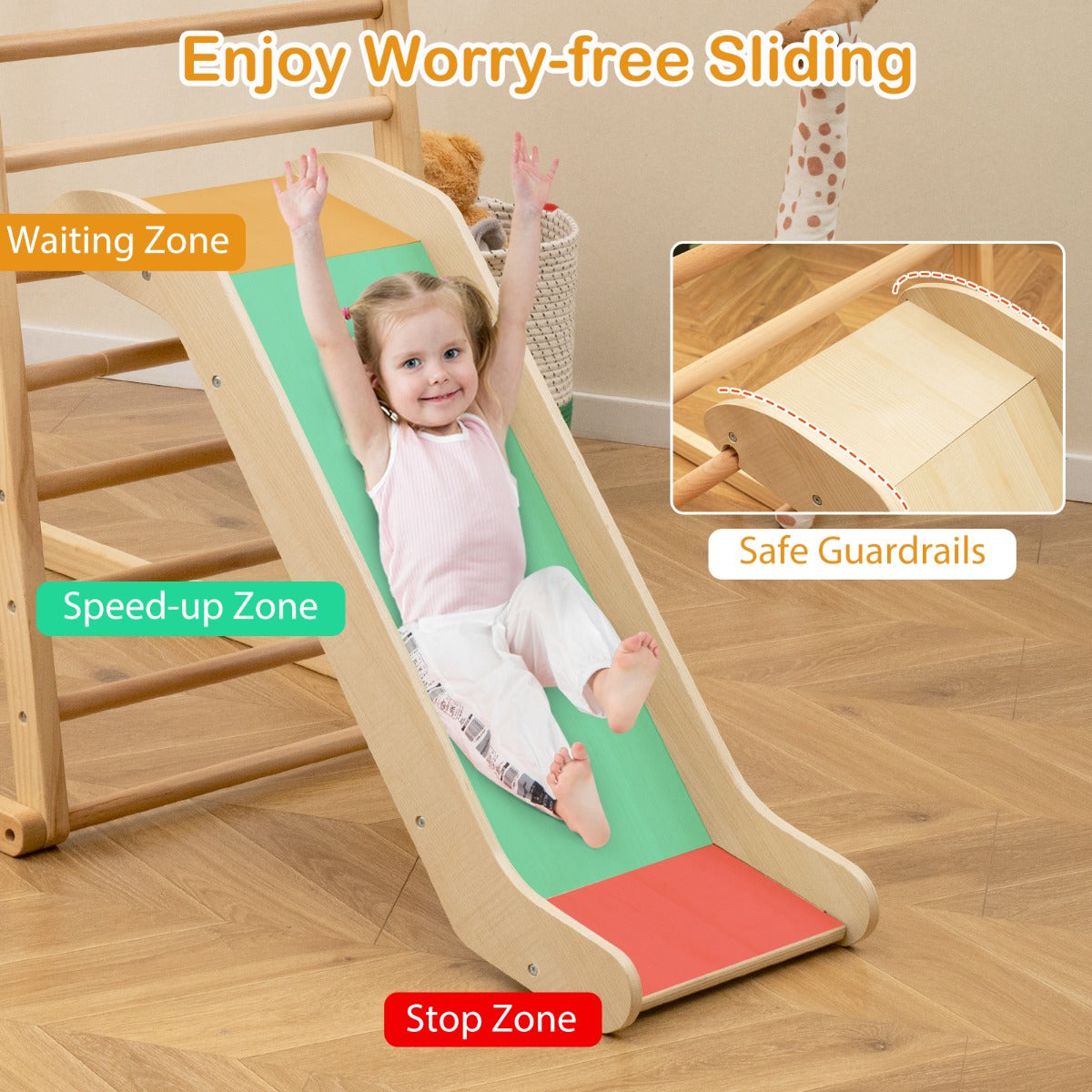 LIVSK 4-in-1 Houten Speeltoestel - Klimrek, Glijbaan, Klimrots, Verstelbare Leuning - Educatief Montessori - 105 x 67 x 113 cm -