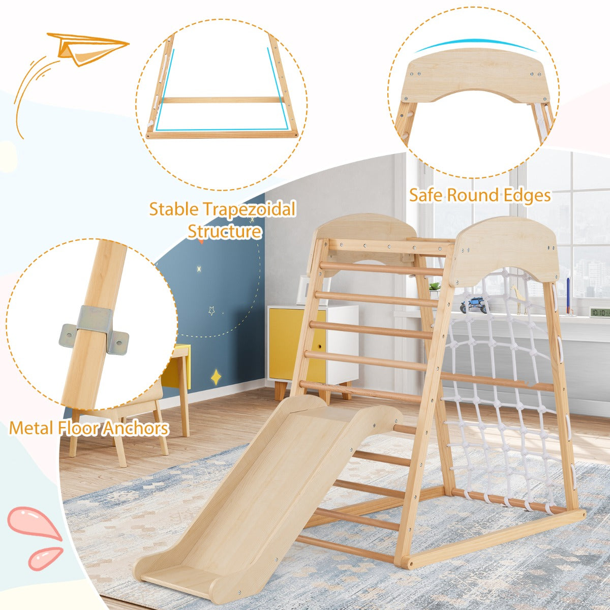 LIVSK 4-in-1 Houten Speeltoestel - Klimrek, Glijbaan, Klimrots, Verstelbare Leuning - Educatief Montessori - 105 x 67 x 113 cm -