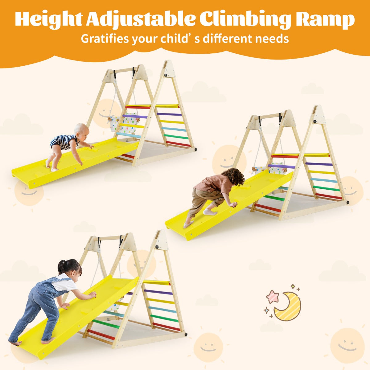 Livsk costway 4 in 1 indoor klimrek speeltuin met babyschommel rustplatform klimhelling ladder montessori klimsets multicolor