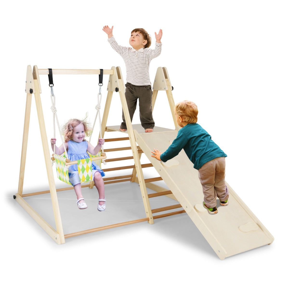 Livsk costway 4 in 1 indoor klimrek speeltuin met babyschommel rustplatform klimhelling ladder montessori klimsets naturel 1