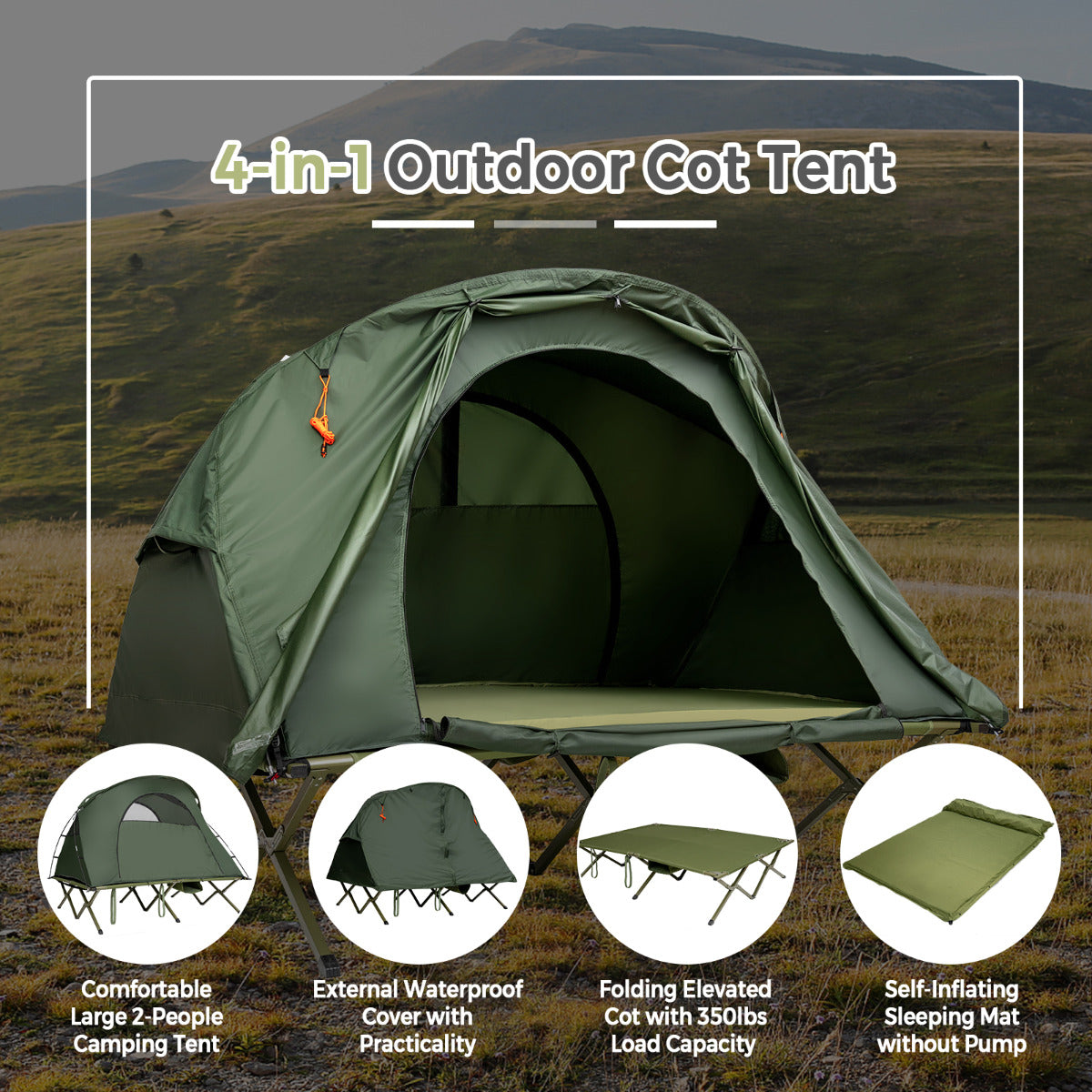 LIVSK Kampeertent met Verhoogd Bed - Zelfopblazend Matras - Dubbellaags - Waterdicht - Voor 2 Personen - Groen