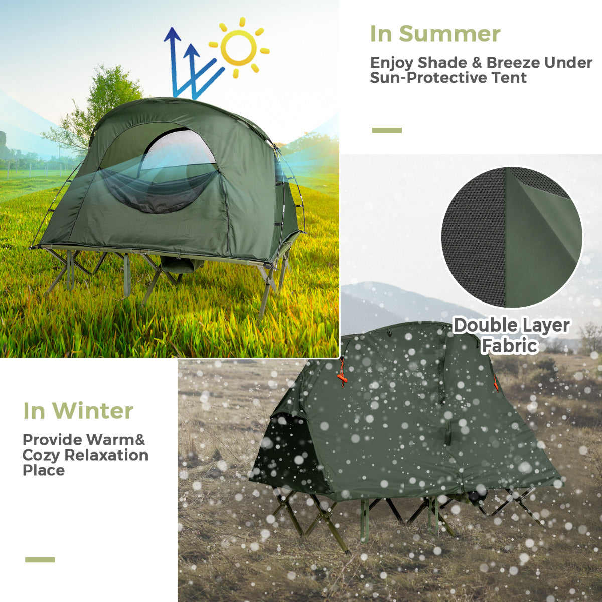 LIVSK Kampeertent met Verhoogd Bed - Zelfopblazend Matras - Dubbellaags - Waterdicht - Voor 2 Personen - Groen