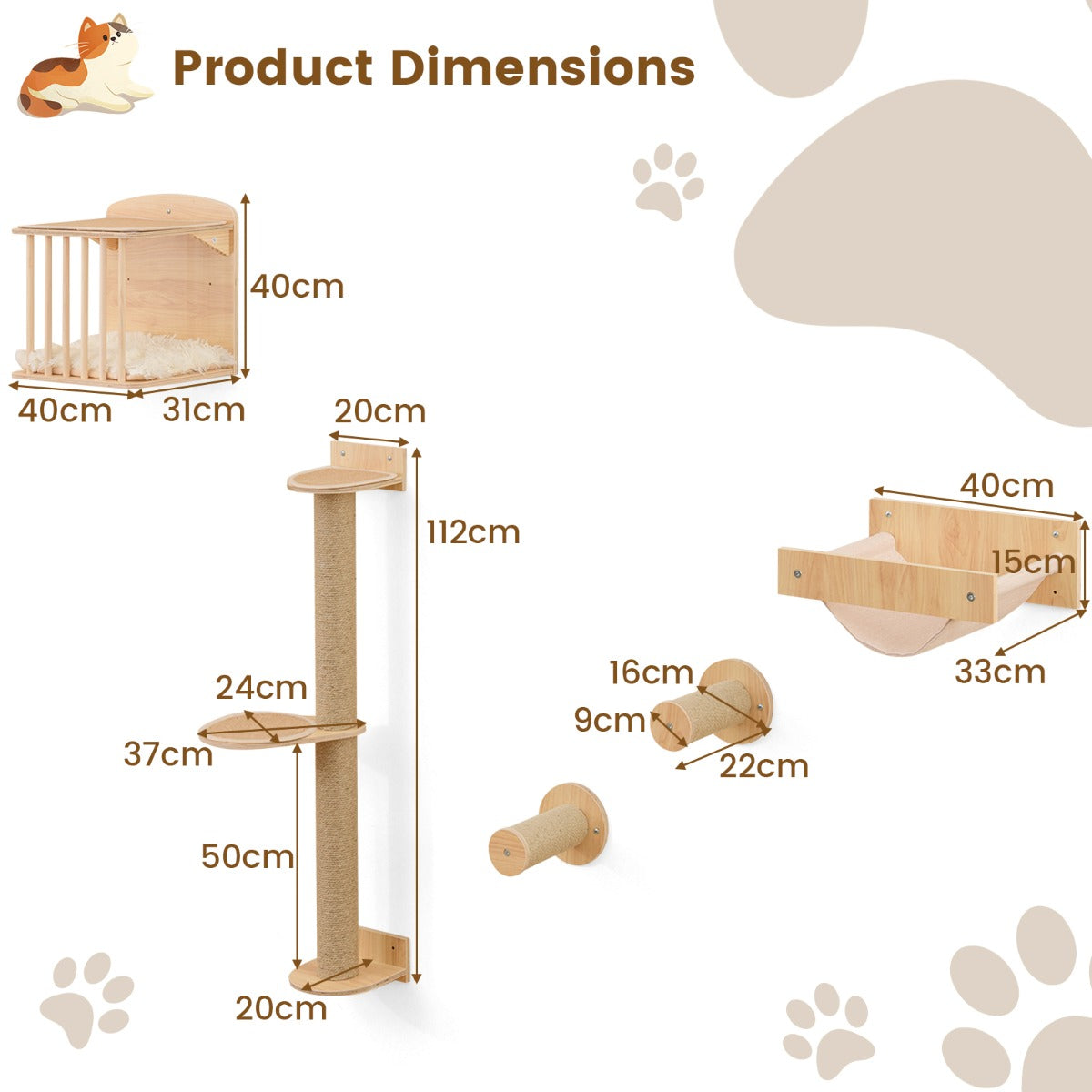 LIVSK 4-in-1 Kattenmeubelset - Kattenboom met 3 Niveaus - Krabpalen en Hangmat - Efficiënt Muurruimtegebruik - Natuurlijk