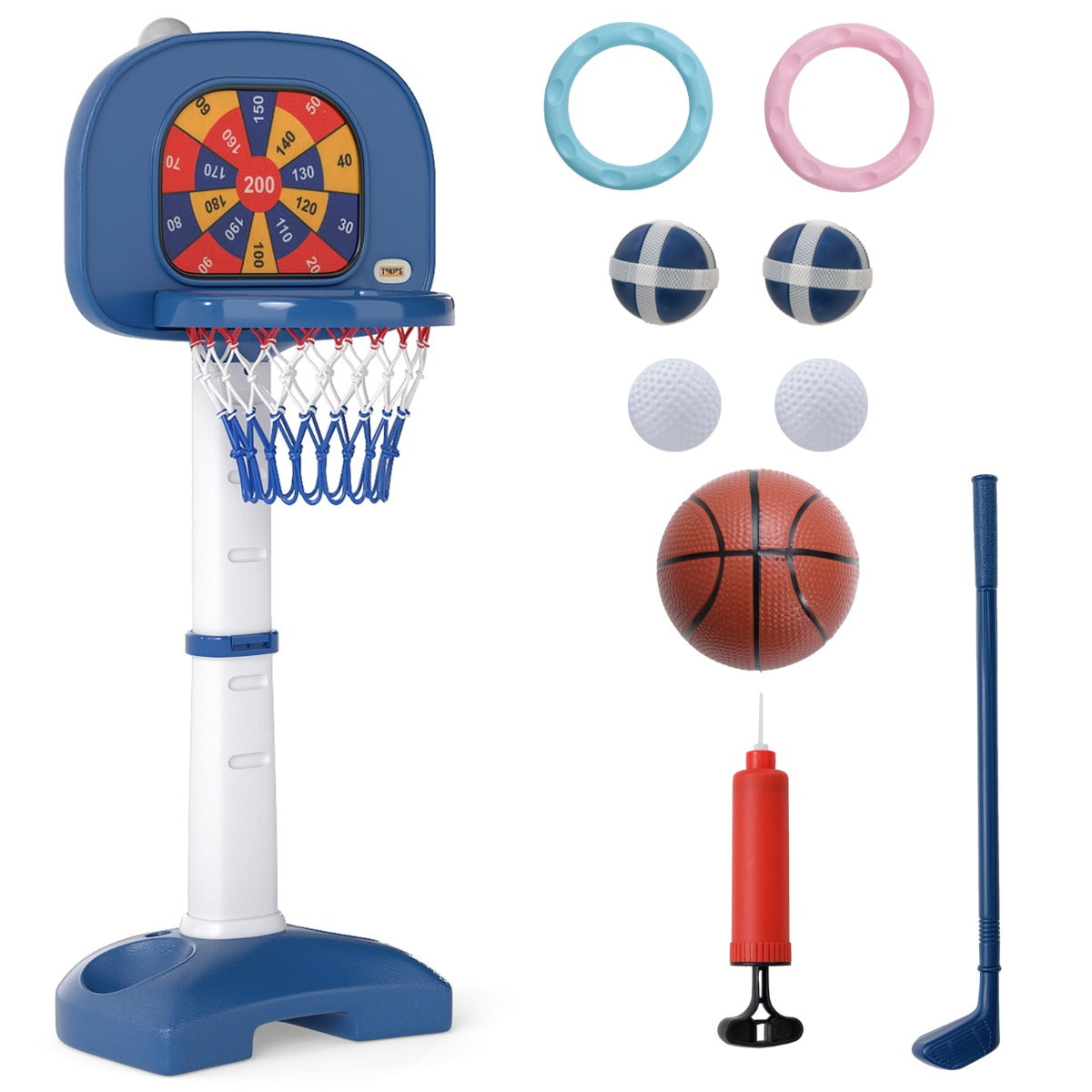 LIVSK Kinder Hoogteverstelbare Basketbalring - 4-in-1 Speelcentrum met Accessoires - Verstelbaar van 111-146 cm - Wit + Blauw