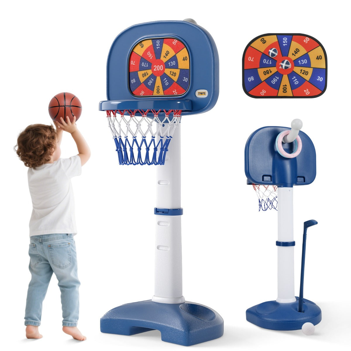 LIVSK Kinder Hoogteverstelbare Basketbalring - 4-in-1 Speelcentrum met Accessoires - Verstelbaar van 111-146 cm - Wit + Blauw