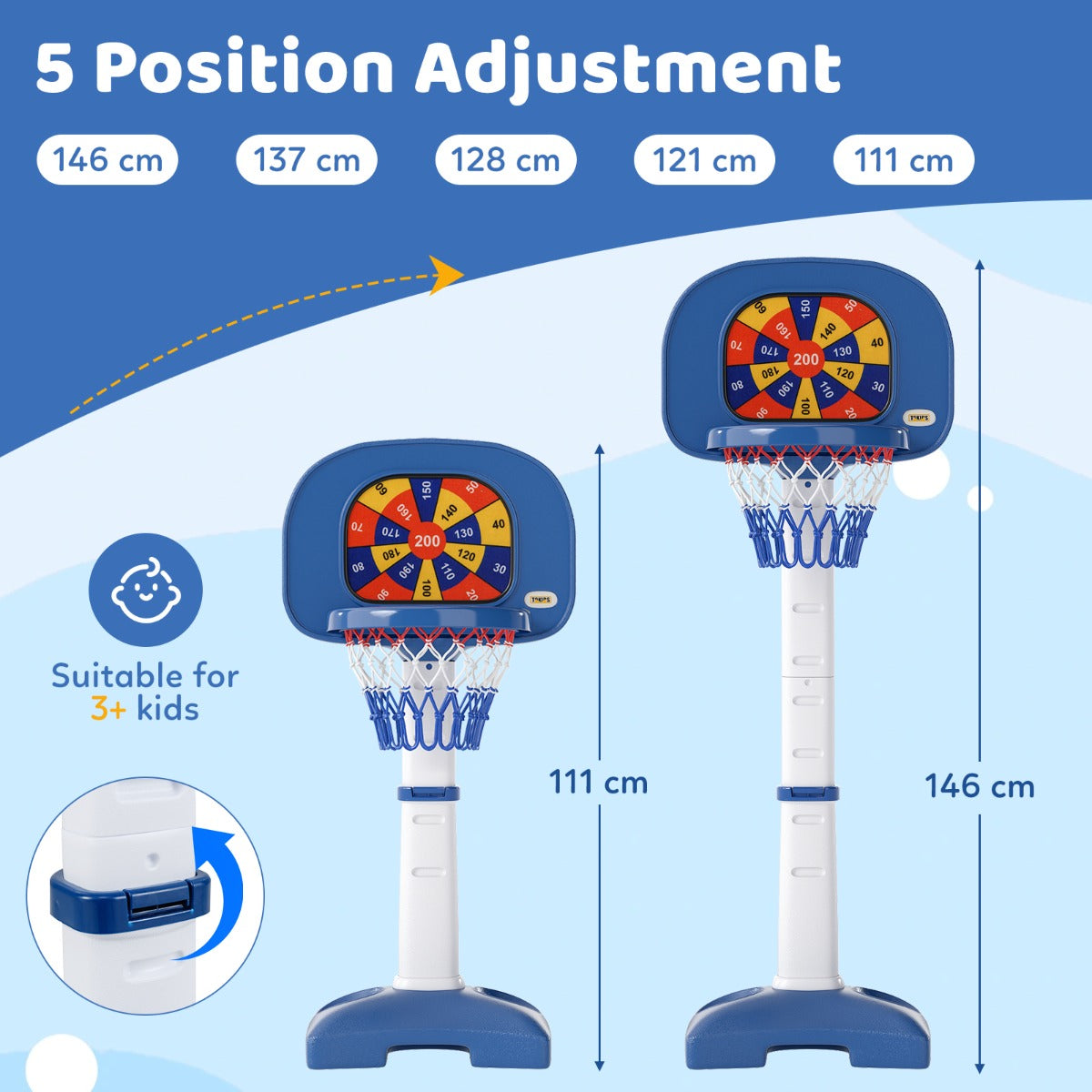 LIVSK Kinder Hoogteverstelbare Basketbalring - 4-in-1 Speelcentrum met Accessoires - Verstelbaar van 111-146 cm - Wit + Blauw