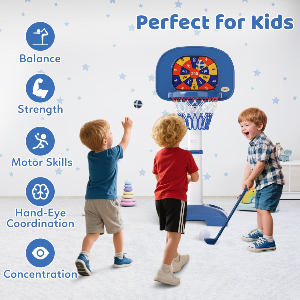 LIVSK Kinder Hoogteverstelbare Basketbalring - 4-in-1 Speelcentrum met Accessoires - Verstelbaar van 111-146 cm - Wit + Blauw