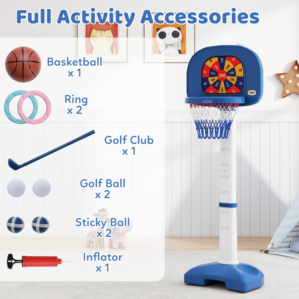 LIVSK Kinder Hoogteverstelbare Basketbalring - 4-in-1 Speelcentrum met Accessoires - Verstelbaar van 111-146 cm - Wit + Blauw