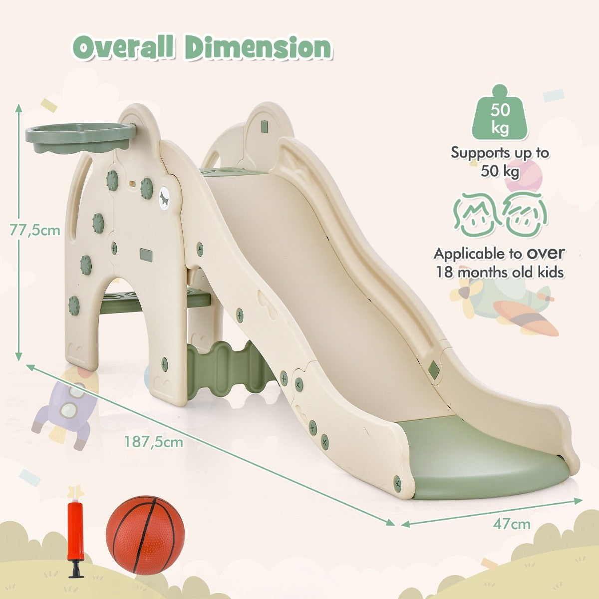 LIVSK 4-in-1 Olifant Glijbaan - Met Basketbalhoepel en Tunnel - Veilig en Stevig - Tot 50 kg - Voor Kinderen vanaf 18 Maanden -