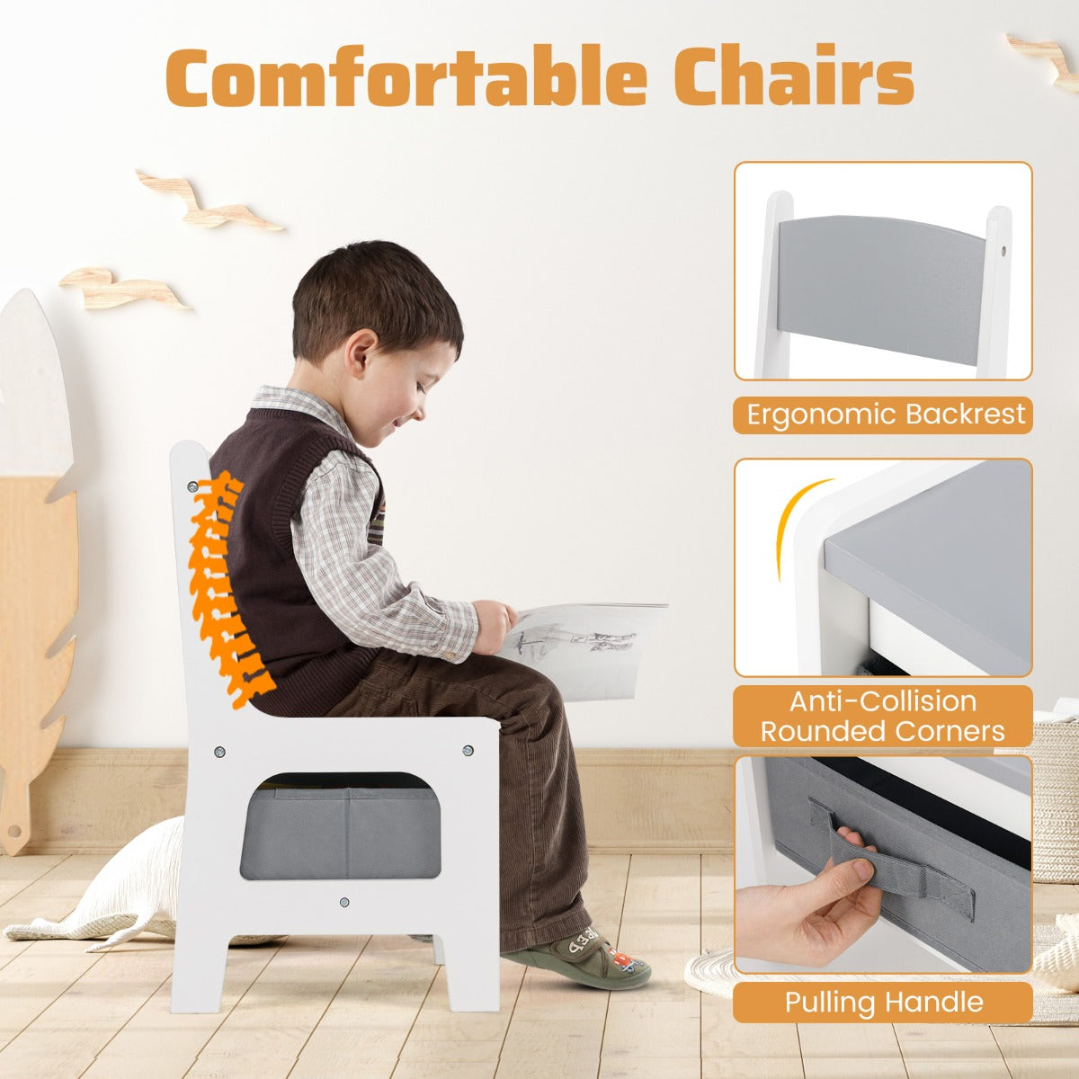 LIVSK Kindertafel & Stoelenset - 4-in-1 Omkeerbaar Tafelblad - Ruime Opbergmogelijkheden - Veilig en Stevig - Wit + Grijs