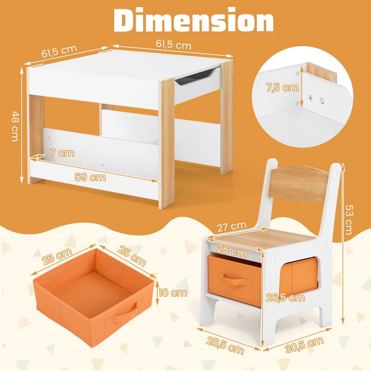 LIVSK 4-in-1 Kindertafel en Stoelenset - Omkeerbaar Tafelblad - Opbergboxen - Stevige Constructie - Voor Kinderen - Wit +