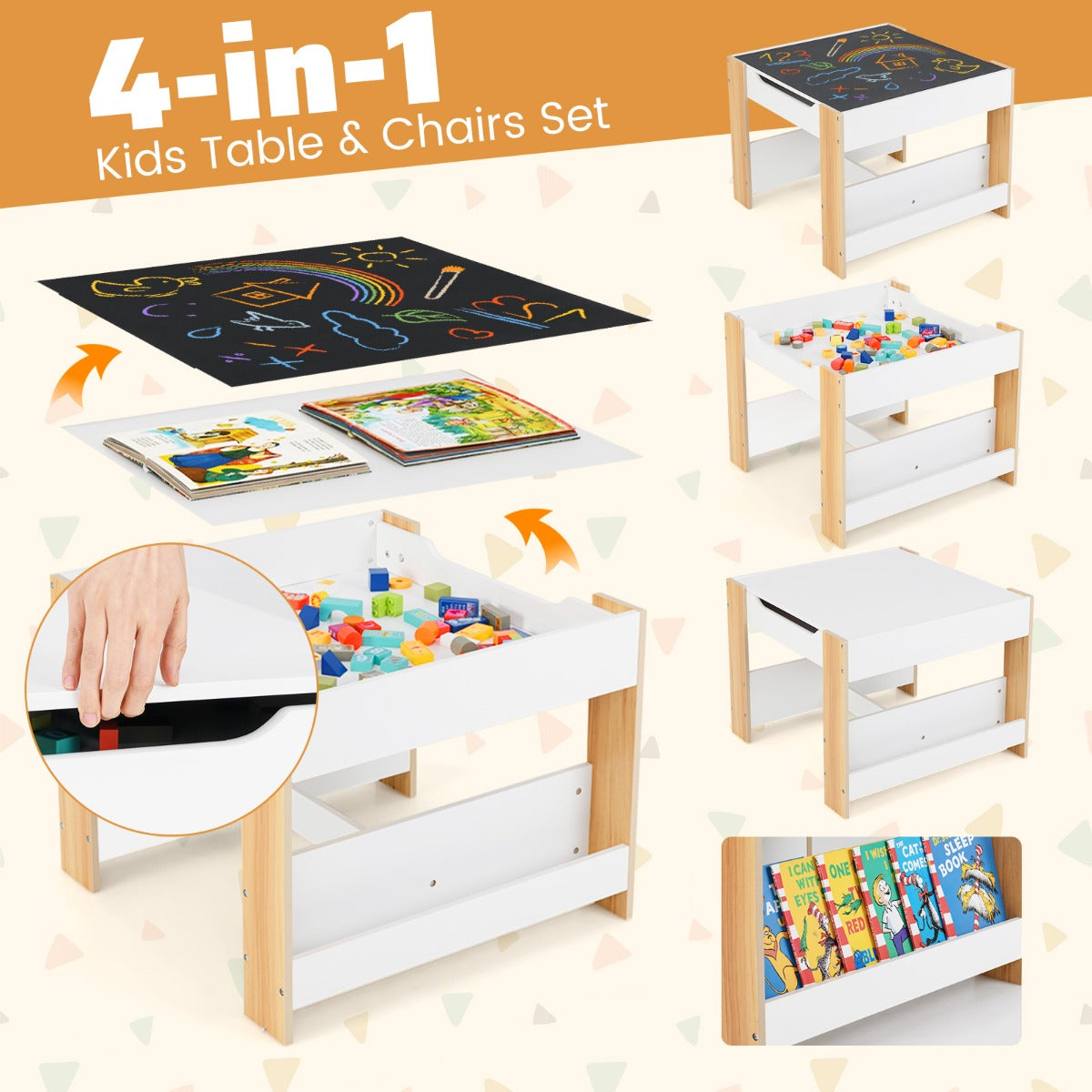 LIVSK 4-in-1 Kindertafel en Stoelenset - Omkeerbaar Tafelblad - Opbergboxen - Stevige Constructie - Voor Kinderen - Wit +