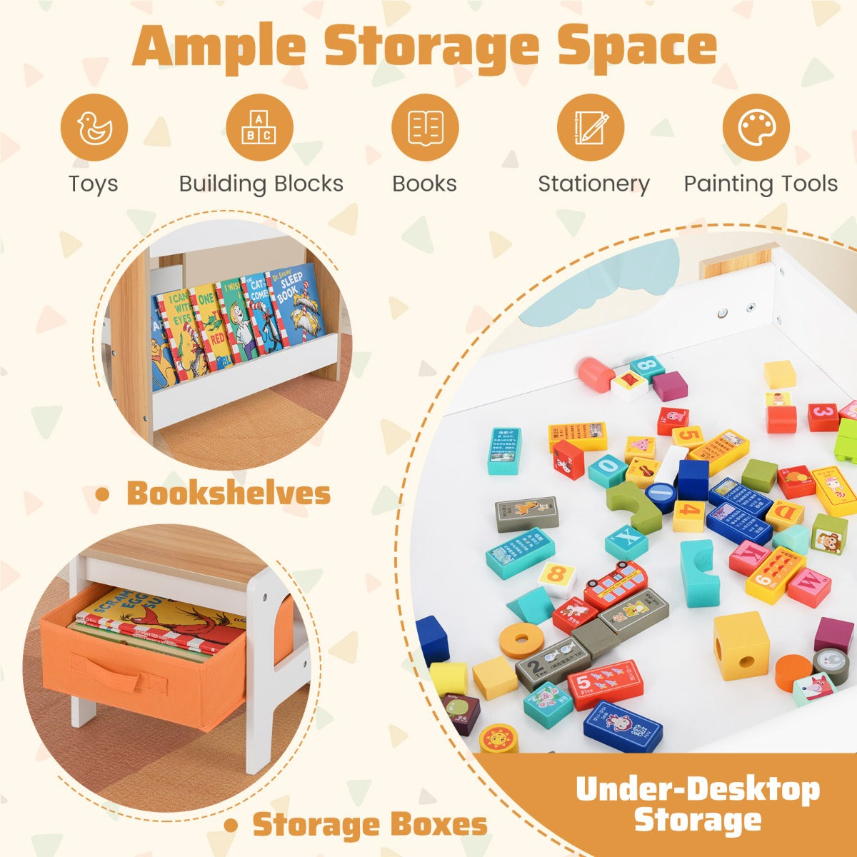 LIVSK 4-in-1 Kindertafel en Stoelenset - Omkeerbaar Tafelblad - Opbergboxen - Stevige Constructie - Voor Kinderen - Wit +