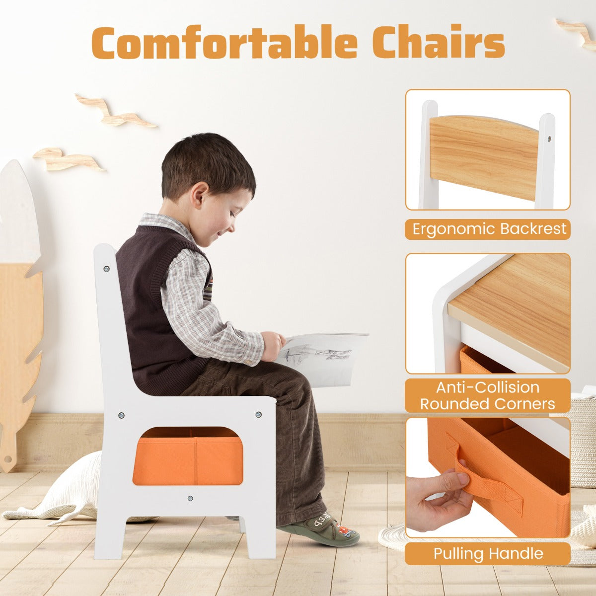 LIVSK 4-in-1 Kindertafel en Stoelenset - Omkeerbaar Tafelblad - Opbergboxen - Stevige Constructie - Voor Kinderen - Wit +