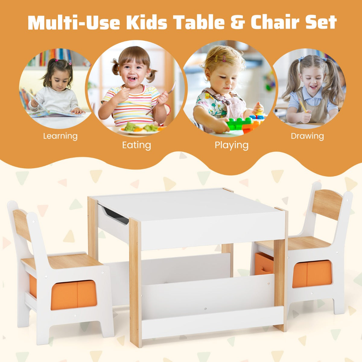 LIVSK 4-in-1 Kindertafel en Stoelenset - Omkeerbaar Tafelblad - Opbergboxen - Stevige Constructie - Voor Kinderen - Wit +
