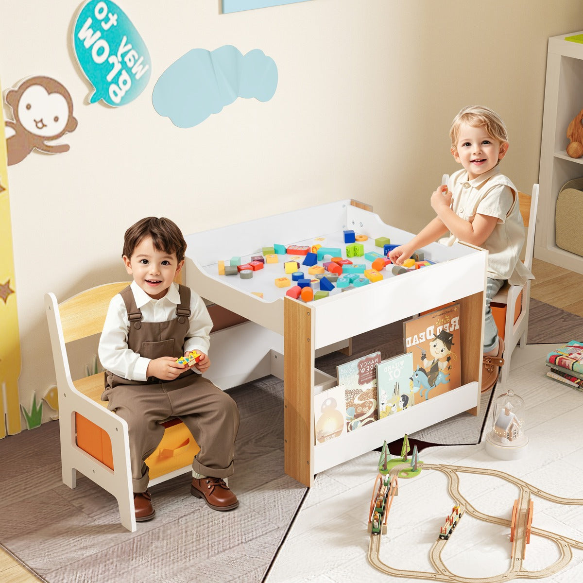 LIVSK 4-in-1 Kindertafel en Stoelenset - Omkeerbaar Tafelblad - Opbergboxen - Stevige Constructie - Voor Kinderen - Wit +