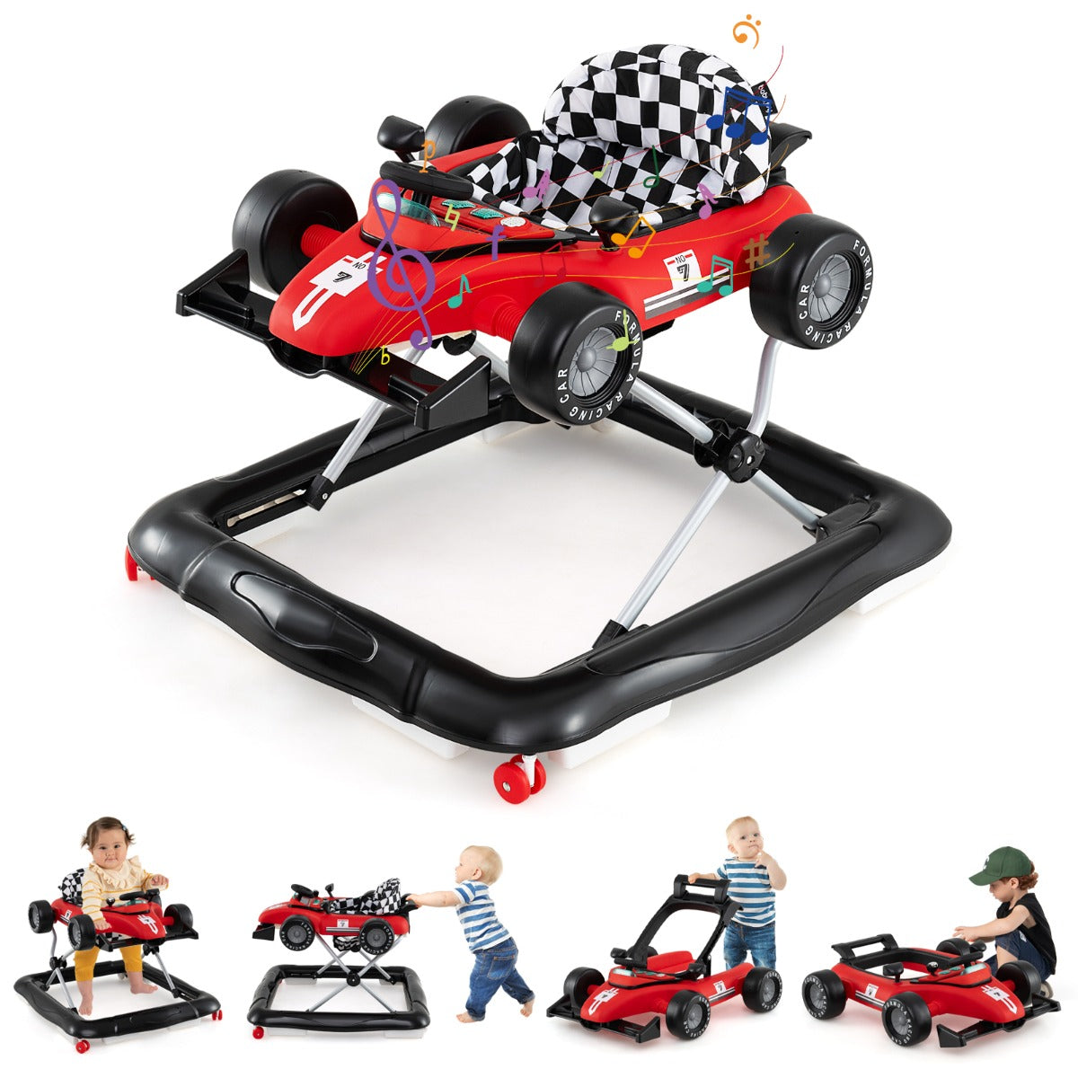 LIVSK 4-in-1 Loopwagen - Hoogteverstelbaar - Interactieve Muziekdoos - Veiligheidsbumper - Tot 12 kg - Rood