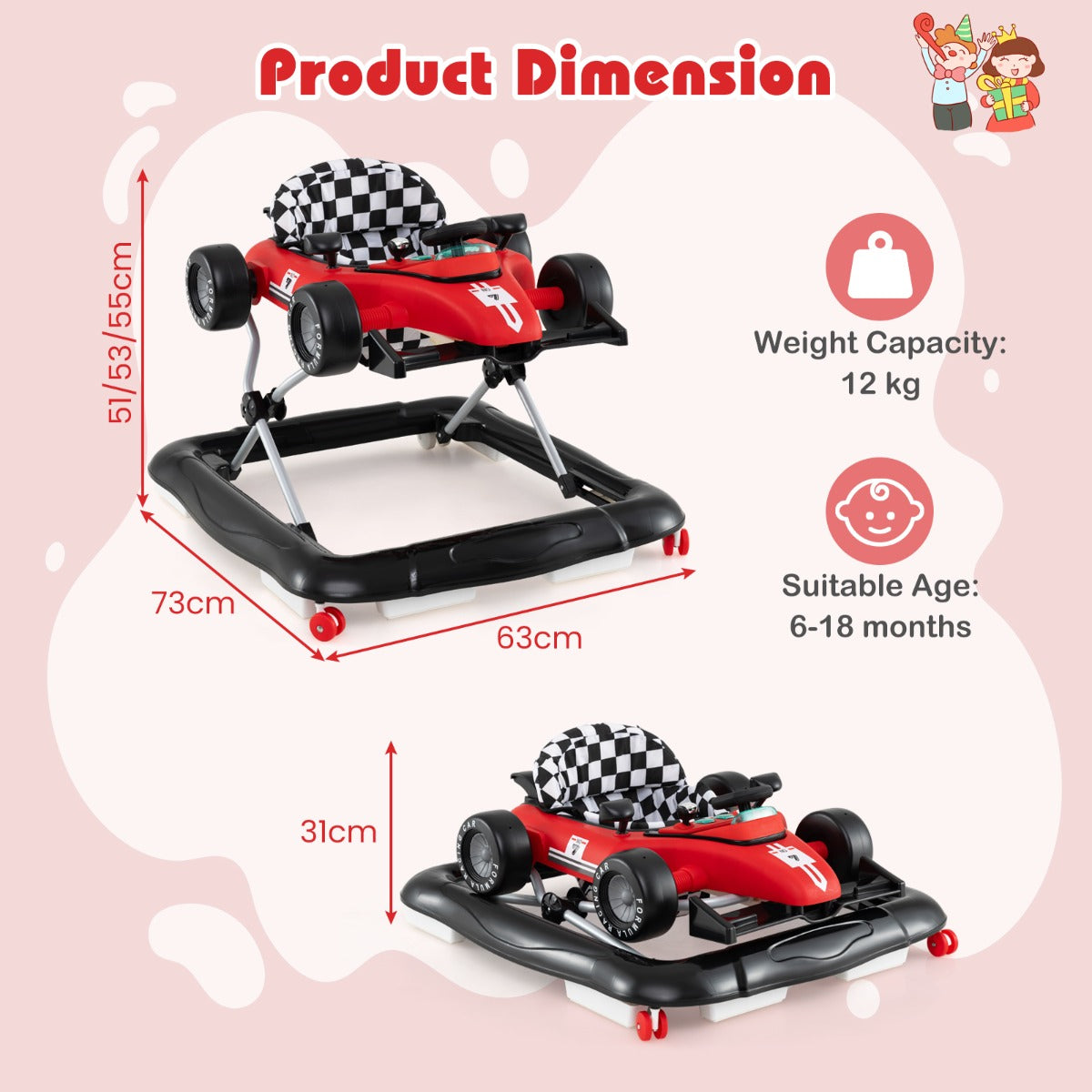 LIVSK 4-in-1 Loopwagen - Hoogteverstelbaar - Interactieve Muziekdoos - Veiligheidsbumper - Tot 12 kg - Rood