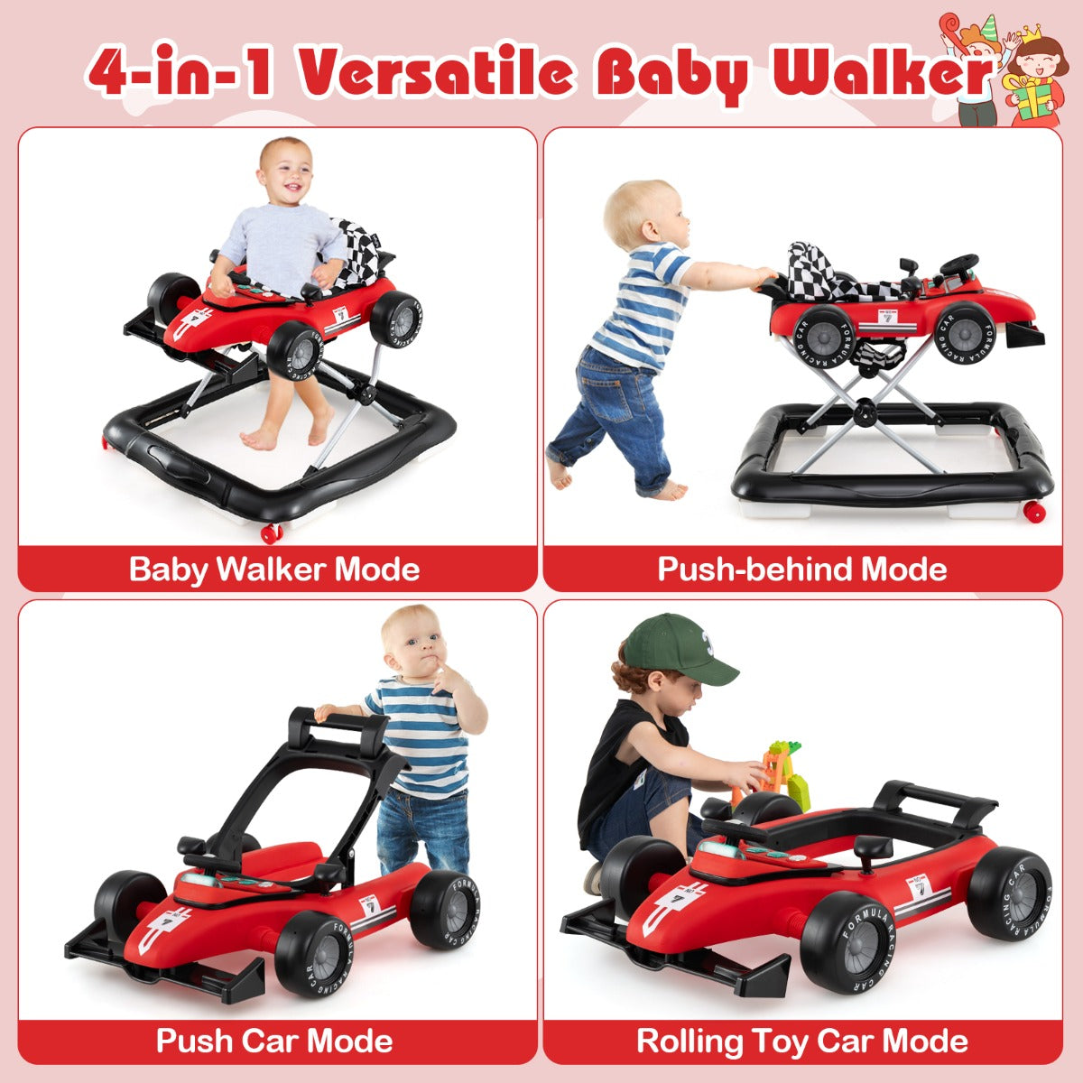 LIVSK 4-in-1 Loopwagen - Hoogteverstelbaar - Interactieve Muziekdoos - Veiligheidsbumper - Tot 12 kg - Rood
