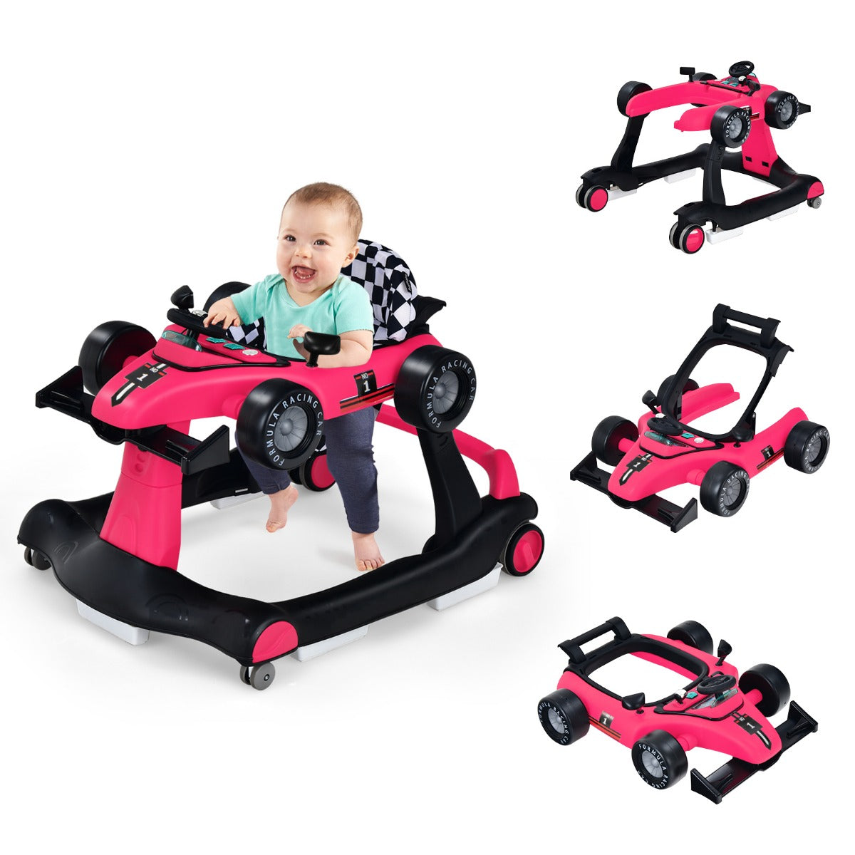 LIVSK 4-in-1 Loopwagen voor Baby's - Multifunctioneel met Verstelbare Hoogte - Veiligheidsbumper - Muziekdoosje - Donker Roze