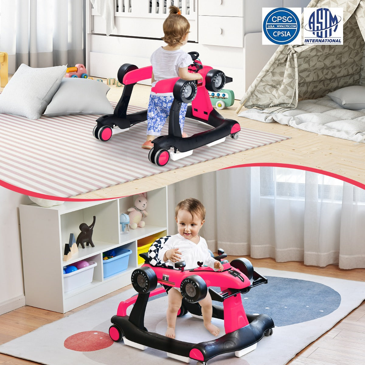 LIVSK 4-in-1 Loopwagen voor Baby's - Multifunctioneel met Verstelbare Hoogte - Veiligheidsbumper - Muziekdoosje - Donker Roze