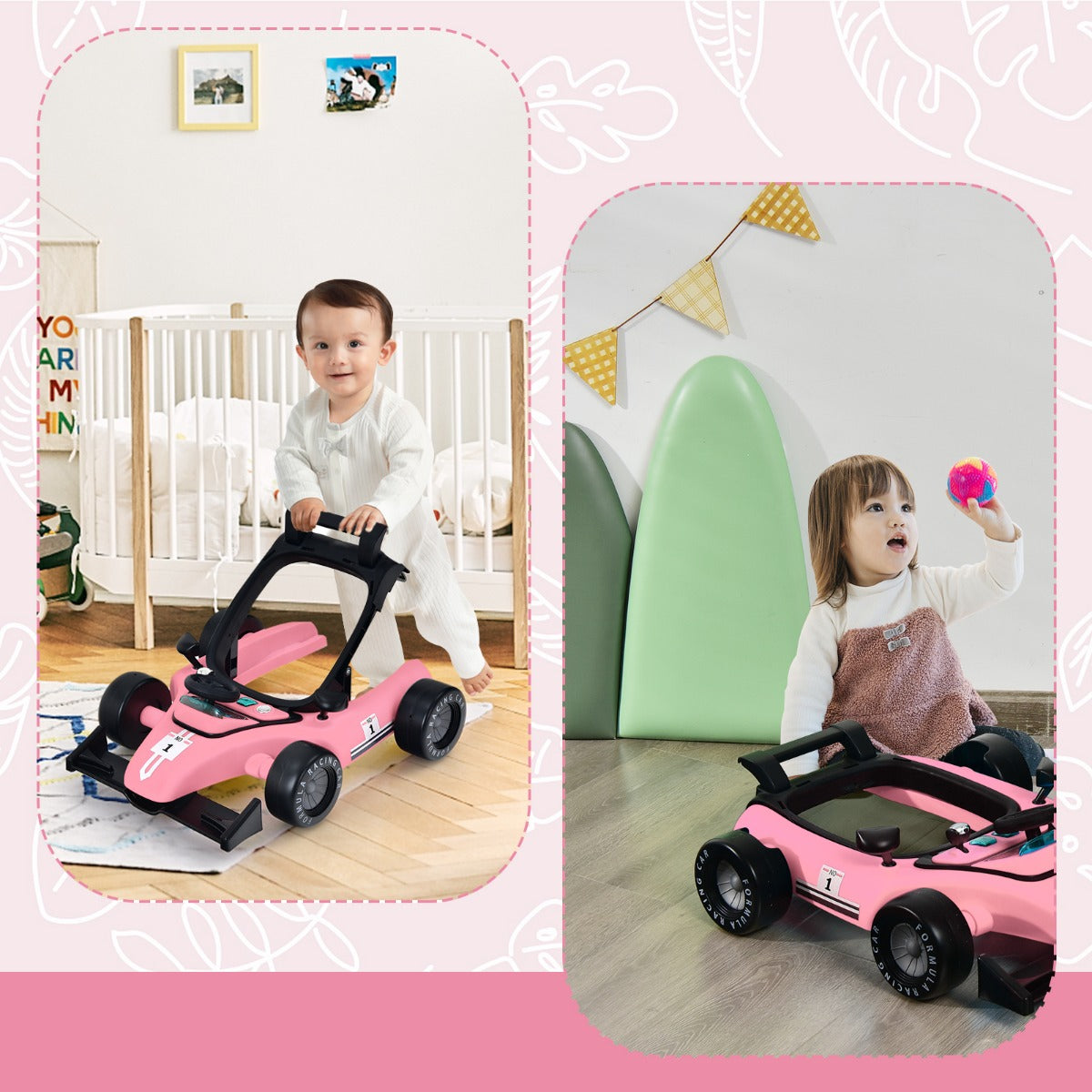 LIVSK 4-in-1 Loopwagen - Verstelbare Hoogte en Snelheid - Veiligheidsbumper - Muziekdoosje - Voor 6-18 maanden - Roze