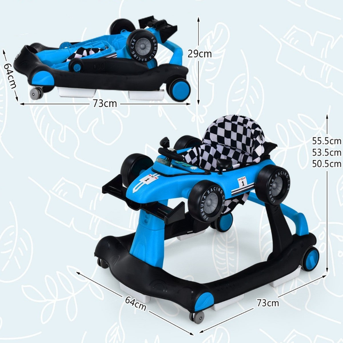 LIVSK 4-in-1 Baby Loopstoel - Verstelbare Hoogte en Snelheid - Muziekdoosje met Licht - Opvouwbaar - Tot 12 kg - Blauw