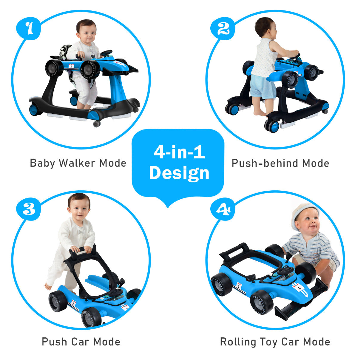 LIVSK 4-in-1 Baby Loopstoel - Verstelbare Hoogte en Snelheid - Muziekdoosje met Licht - Opvouwbaar - Tot 12 kg - Blauw