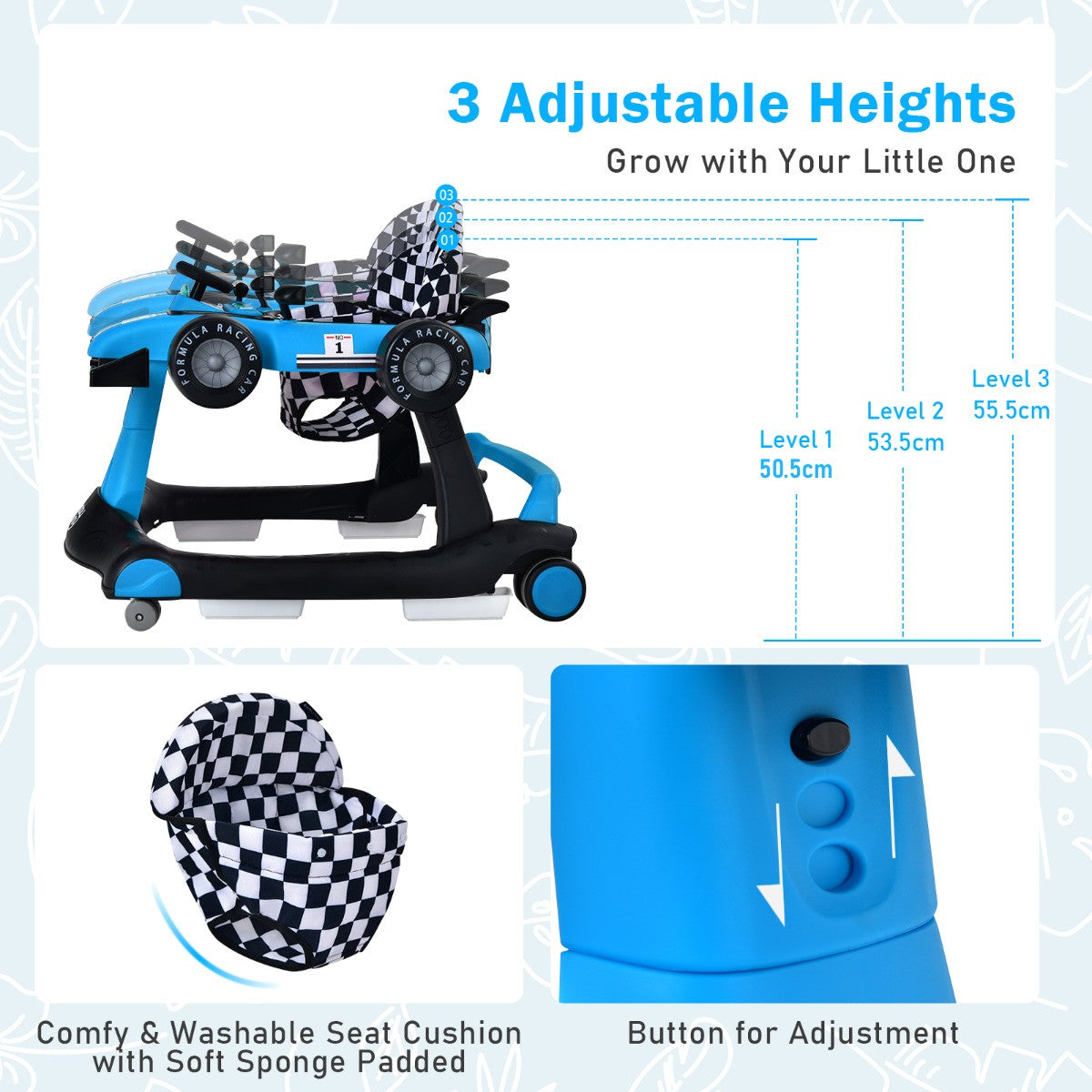 LIVSK 4-in-1 Baby Loopstoel - Verstelbare Hoogte en Snelheid - Muziekdoosje met Licht - Opvouwbaar - Tot 12 kg - Blauw
