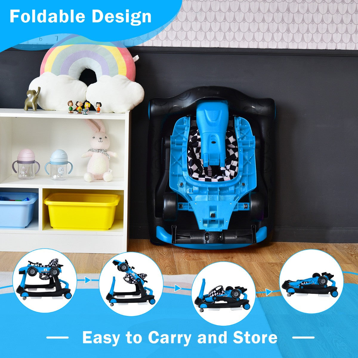 LIVSK 4-in-1 Baby Loopstoel - Verstelbare Hoogte en Snelheid - Muziekdoosje met Licht - Opvouwbaar - Tot 12 kg - Blauw