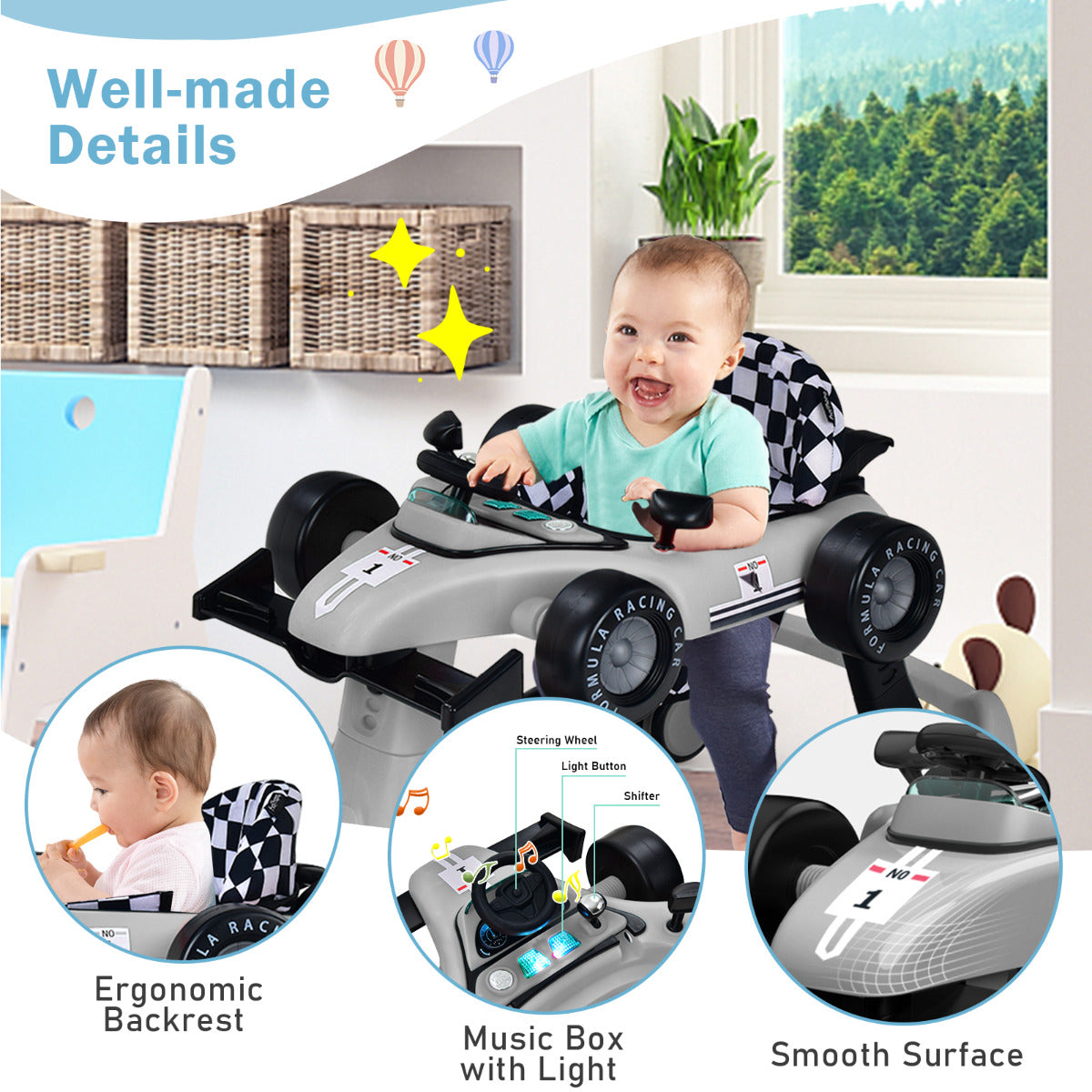 LIVSK 4-in-1 Baby Loopstoel - Verstelbare Hoogte en Snelheid - Muziekdoosje met Licht - Opvouwbaar - Geschikt voor 6-18 maanden -