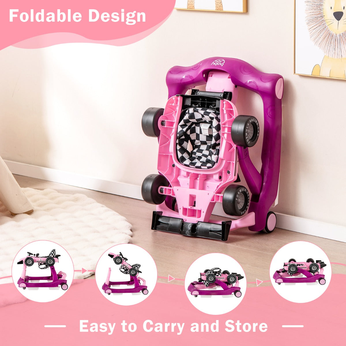 LIVSK 4-in-1 Baby Loopstoel - Verstelbare Hoogte en Snelheid - Veiligheidsbumper - Interactief Speelgoed - Tot 12 kg - Purper