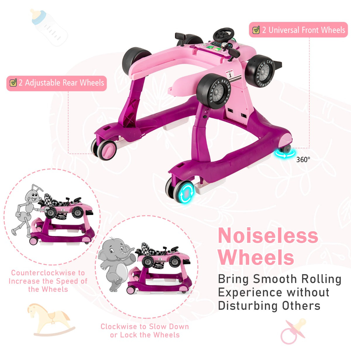 LIVSK 4-in-1 Baby Loopstoel - Verstelbare Hoogte en Snelheid - Veiligheidsbumper - Interactief Speelgoed - Tot 12 kg - Purper