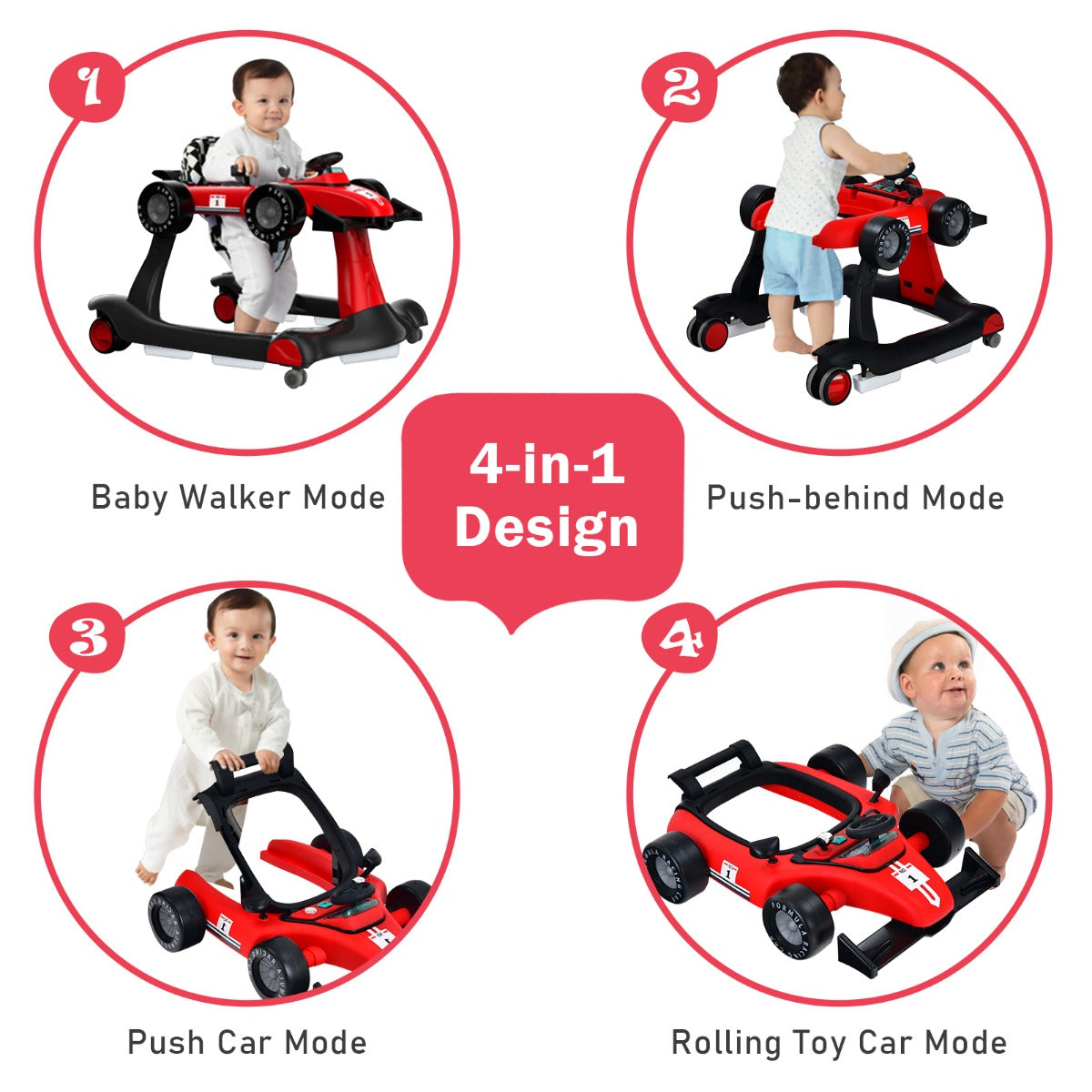 LIVSK 4-in-1 Baby Loopstoel - Verstelbare Hoogte - Muziekdoosje en Licht - Opvouwbaar - Voor 6-18 maanden - Rood