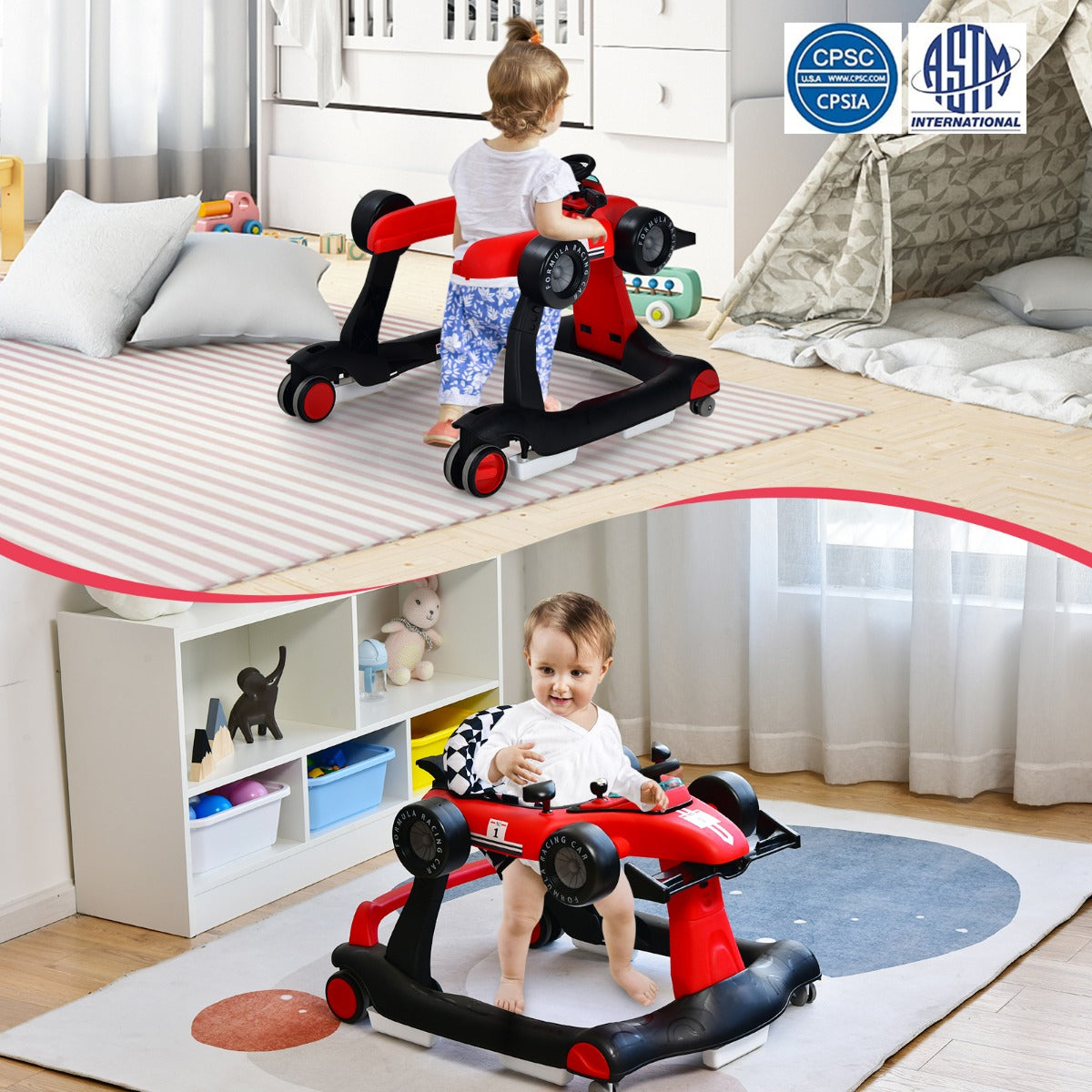 LIVSK 4-in-1 Baby Loopstoel - Verstelbare Hoogte - Muziekdoosje en Licht - Opvouwbaar - Voor 6-18 maanden - Rood