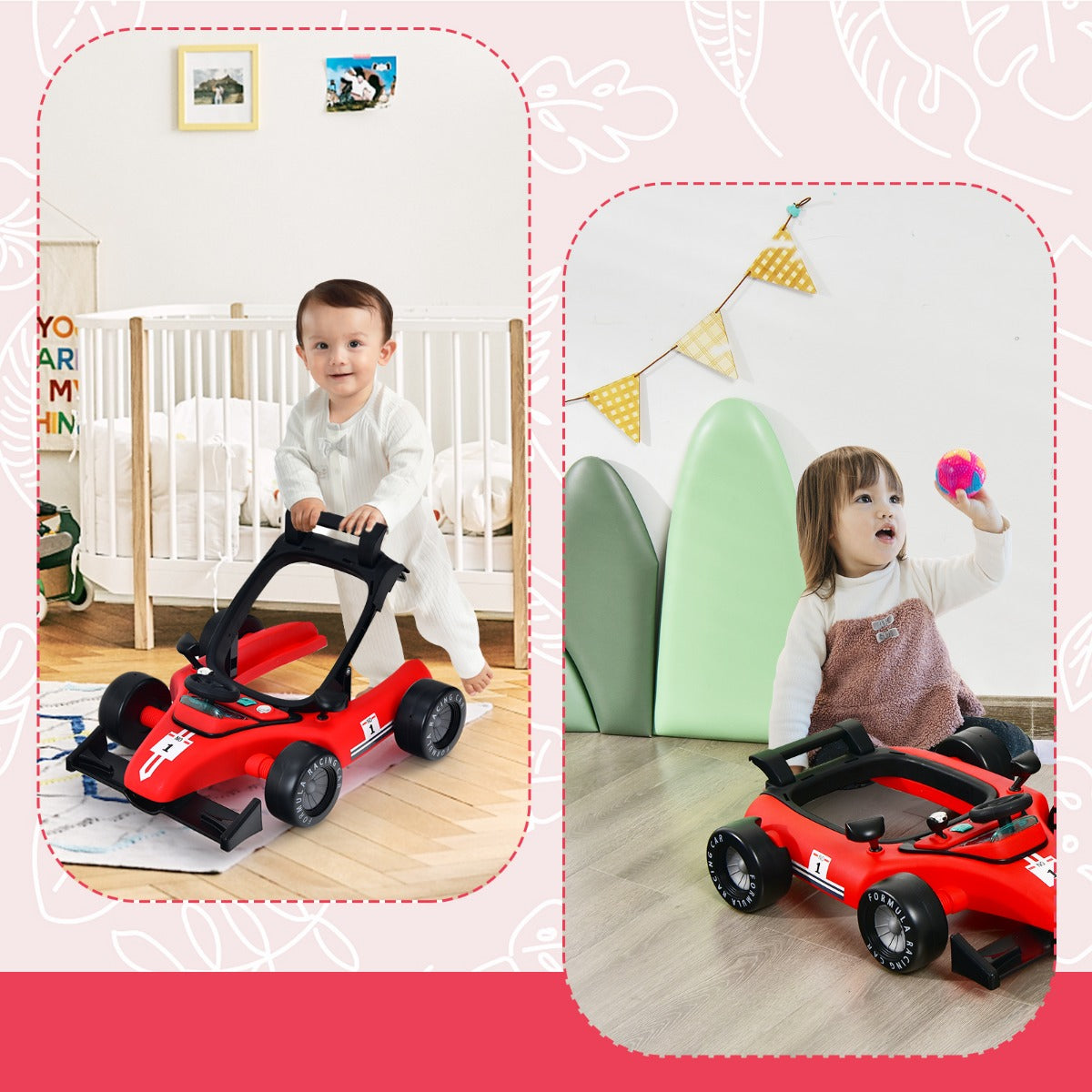 LIVSK 4-in-1 Baby Loopstoel - Verstelbare Hoogte - Muziekdoosje en Licht - Opvouwbaar - Voor 6-18 maanden - Rood