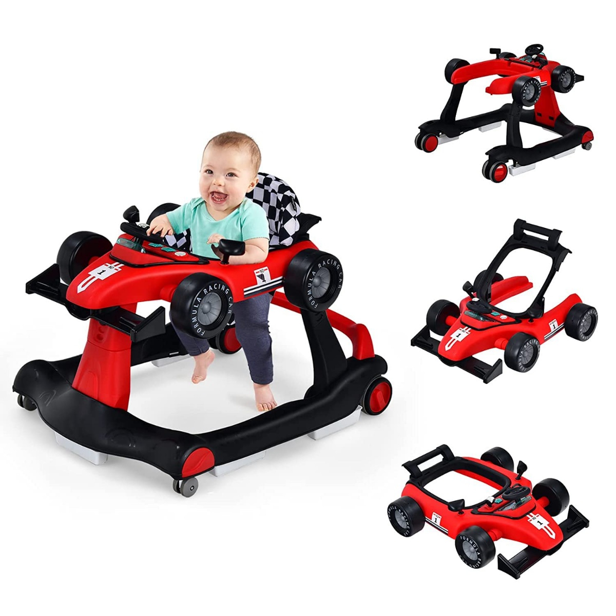 LIVSK 4-in-1 Baby Loopstoel - Verstelbare Hoogte - Muziekdoosje en Licht - Opvouwbaar - Voor 6-18 maanden - Rood