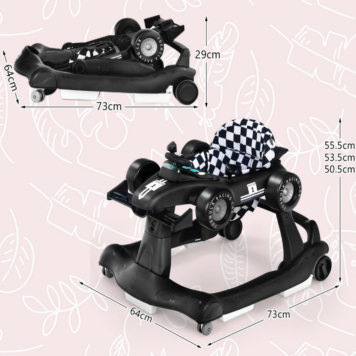 LIVSK 4-in-1 Baby Loopstoel - Verstelbare Hoogte en Snelheid - Muziekdoosje met Licht - Opvouwbaar - Voor 6-18 maanden - Zwart